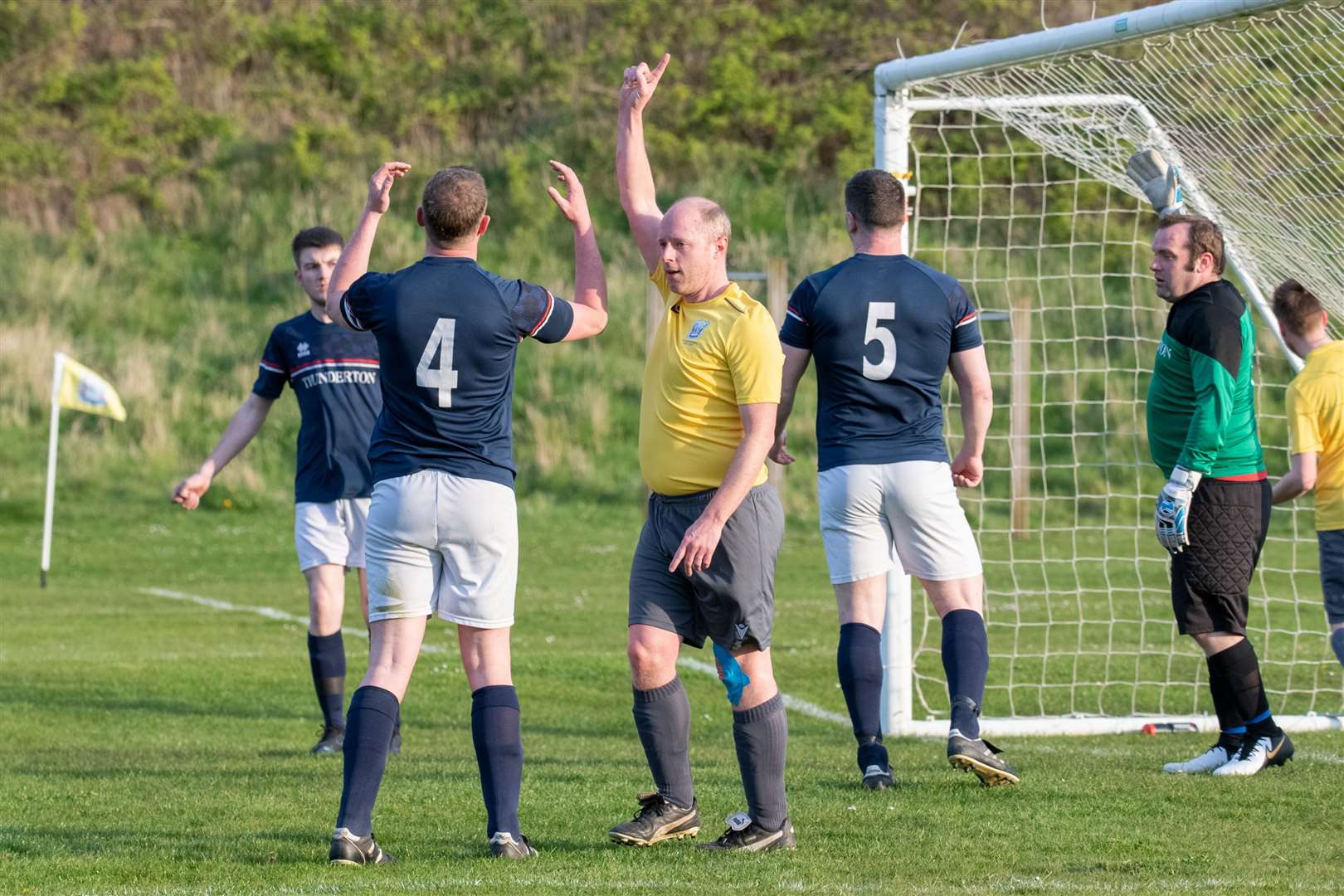 Hopeman's Iain Lunan celebrates his opener. Hopeman FC vs Thunderton FC - Moray Welfare League 2024. Picture: Daniel Forsyth.