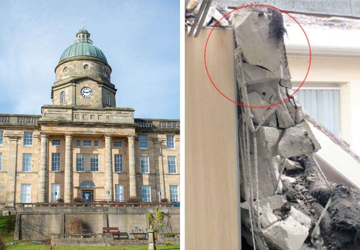 Dr Gray's Hospital's morturary and Ward 7 buildings could contain the concrete planks linked to a 2018 roof collapse (right)...Picture: LGA