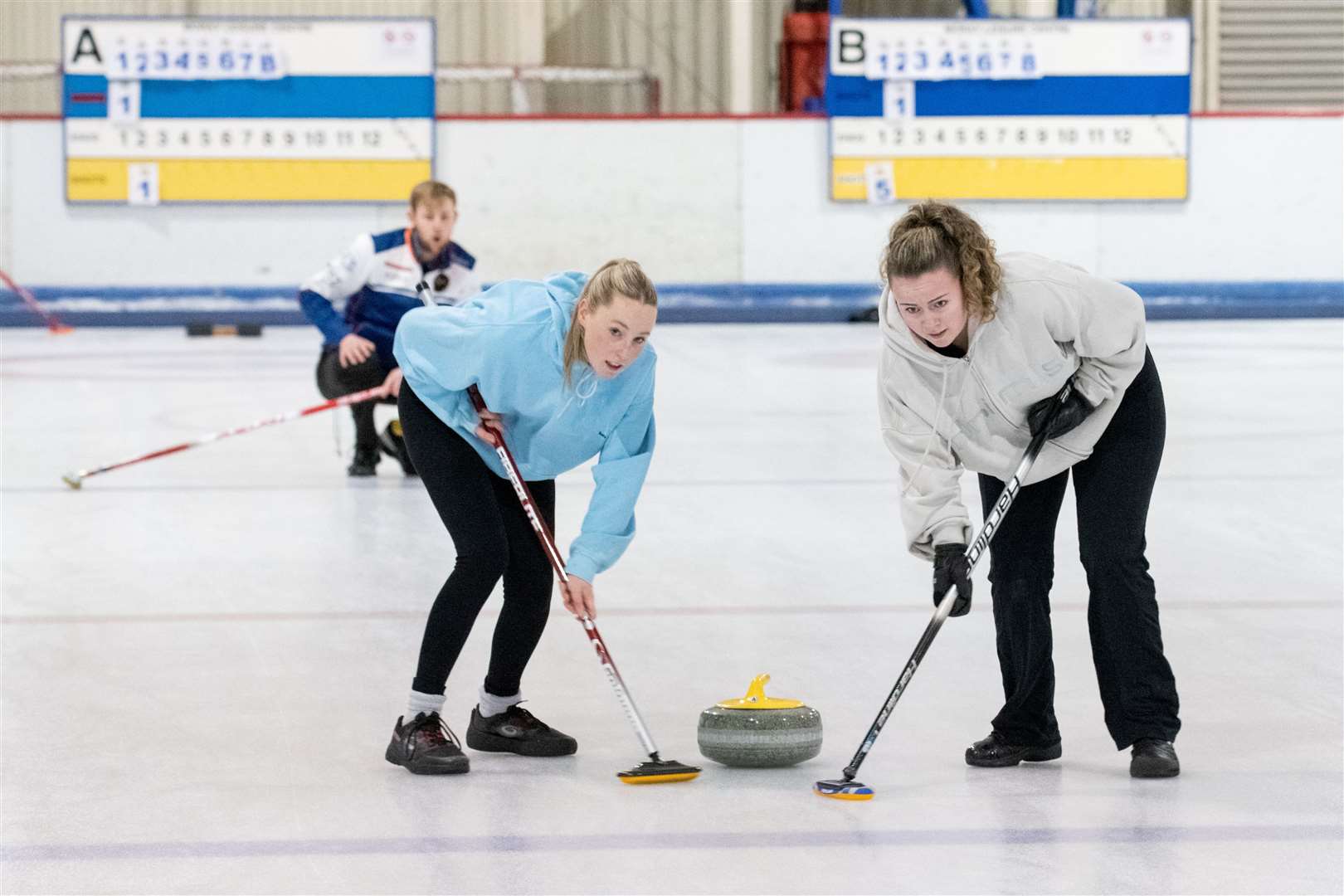 Jamie Rankin, Zoe Rankin and Katie Grant. 14th annual Moray International Bonspiel - held at Moray Leisure Centre. Picture: Daniel Forsyth.