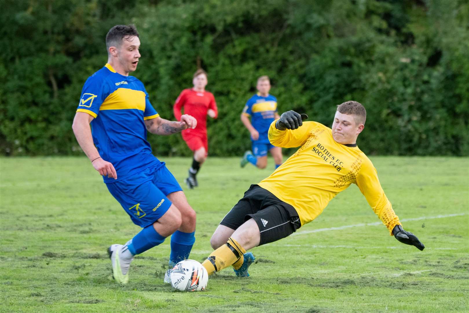 Jordan Clark (left) scored for champions FC Fochabers. Picture: Daniel Forsyth..