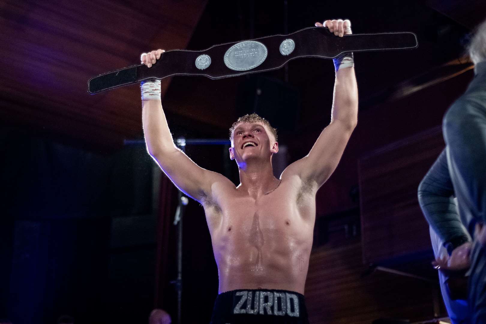 Scottish middleweight title glory for Fraser Wilkinson who defeated Ben McGivern at Elgin Town Hall. Picture: Daniel Forsyth.